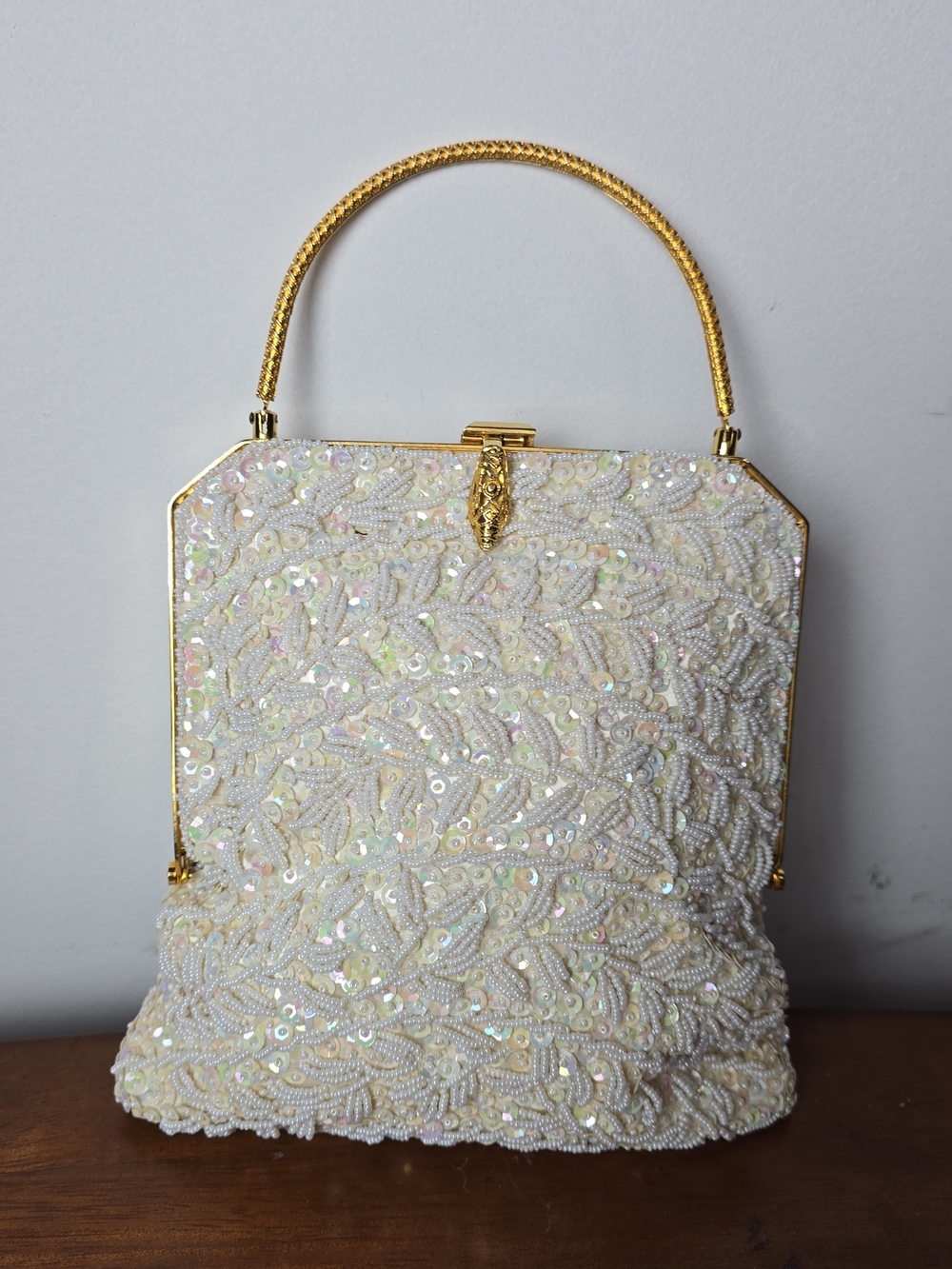 Ivory Beaded Evening Handbag with Gold Handle
